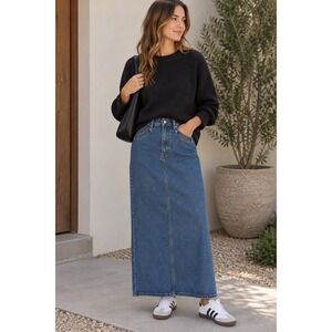 Jitterbug Ranch Denim Maxi Skirt Blue Cotton L Long Jean Skirt Western Pocket